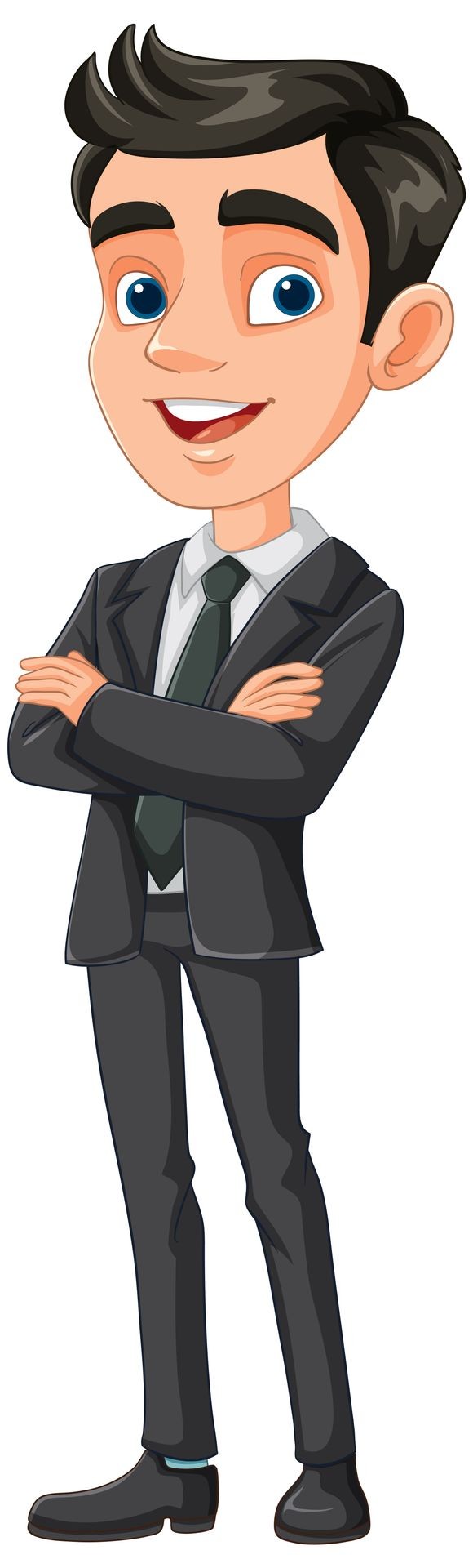 Cartoon character of a smiling man in a suit with arms crossed.