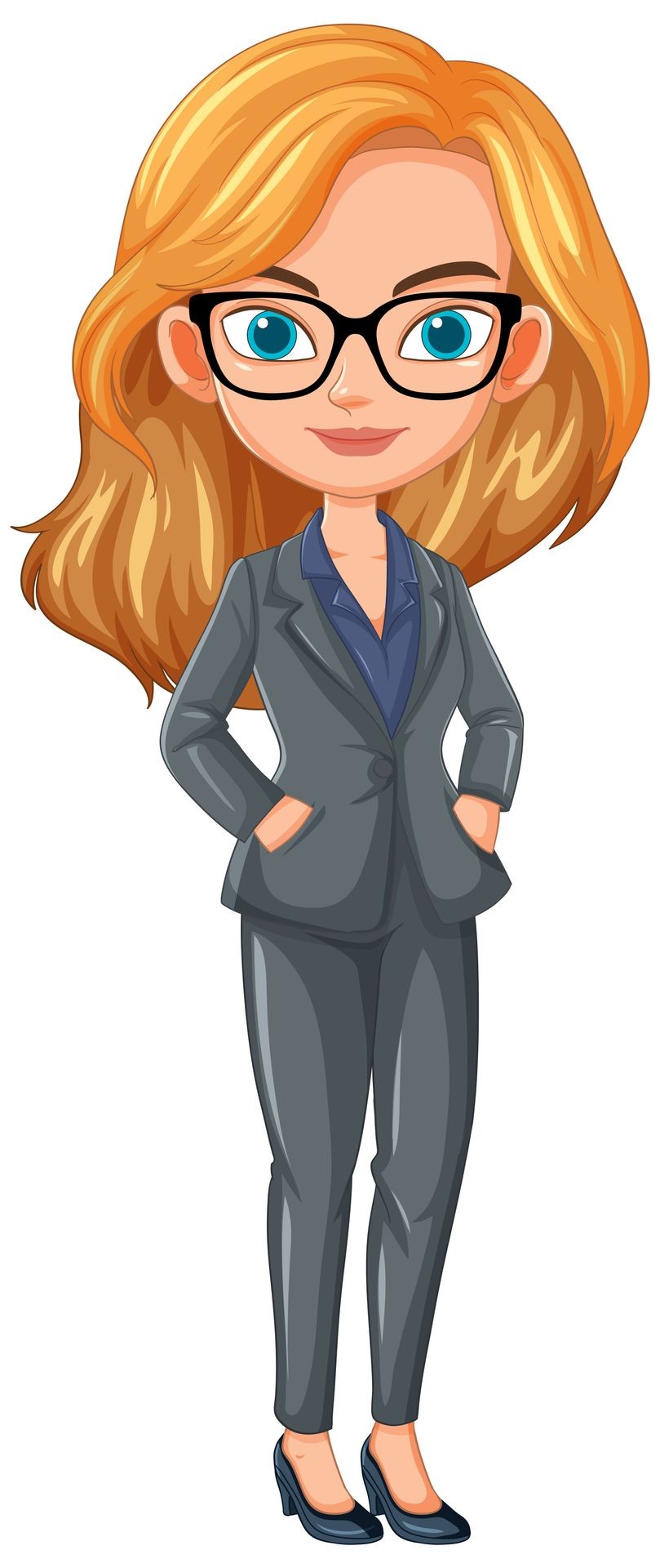 Cartoon woman with blonde hair in a suit and glasses, hands in pockets.